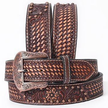 BAR H EQUINE Floral Basket Hand Tooled Western Leather Men And Women Belt Brown
